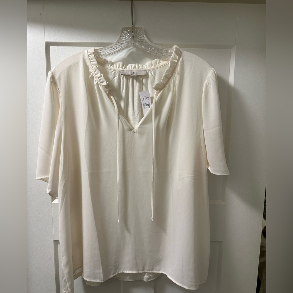 LOFT Ivory Ruffle Neck Blouse
